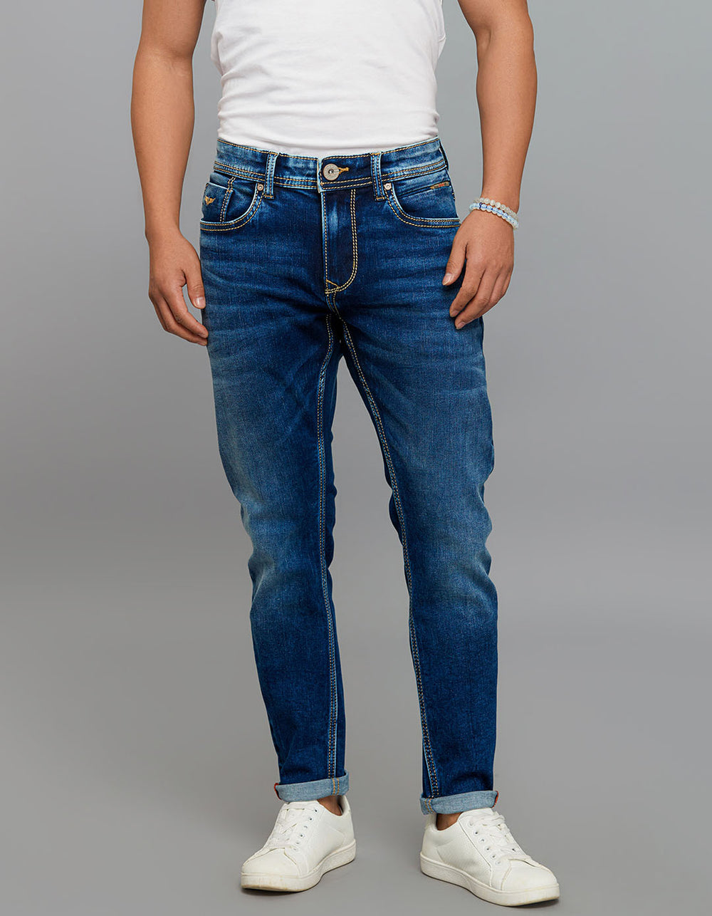 Medium Blue 5 Pocket Low-Rise Tapered Ankle Length Stretch Jeans