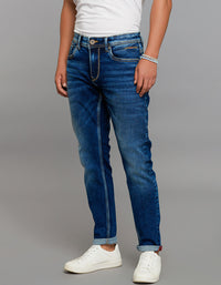Medium Blue 5 Pocket Low-Rise Tapered Ankle Length Stretch Jeans