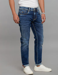 Medium Blue 5 Pocket Low-Rise Tapered Ankle Length Stretch Jeans