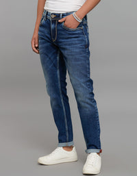 Medium Blue 5 Pocket Low-Rise Tapered Ankle Length Stretch Jeans