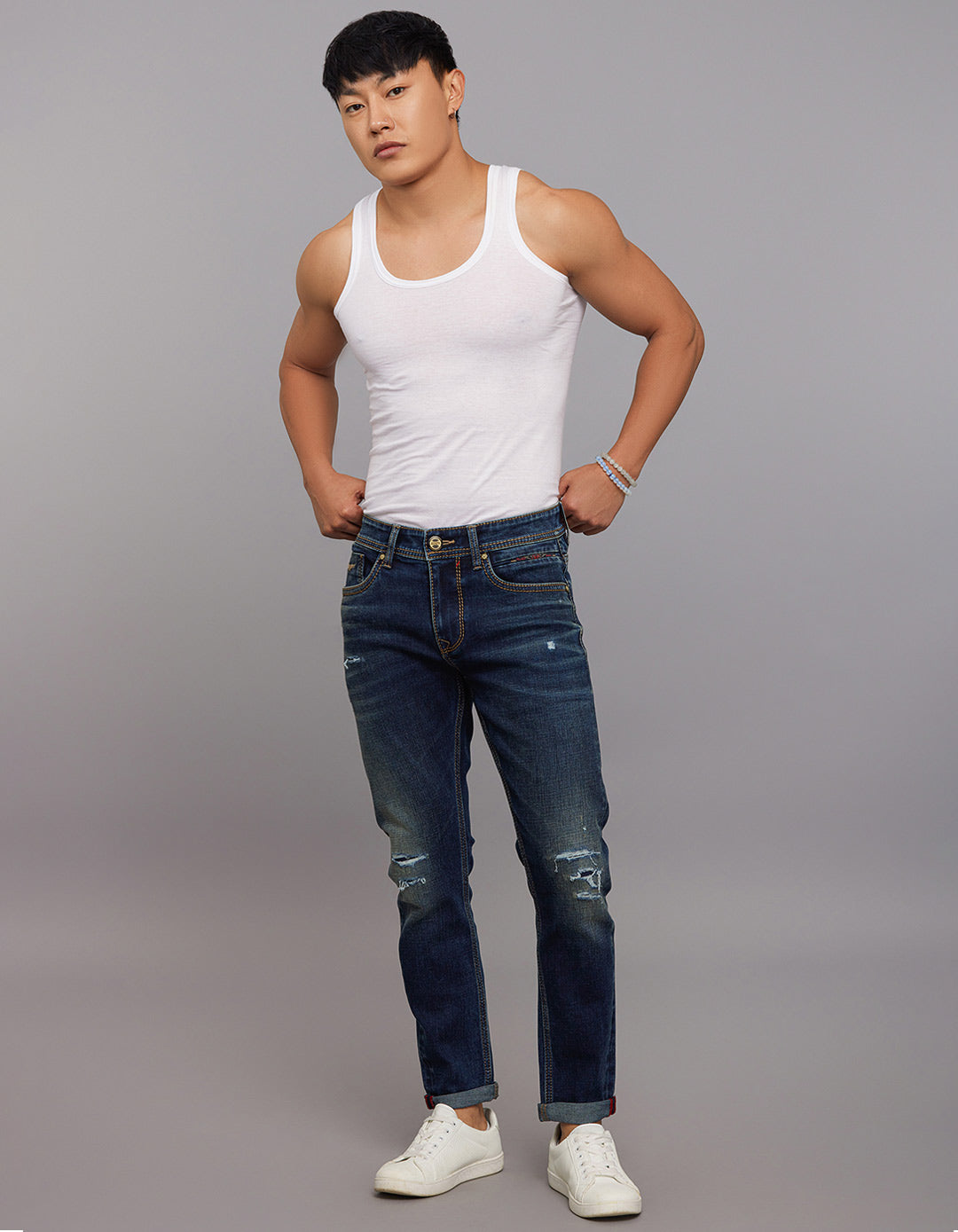 Dark Blue 5 Pocket Low-Rise Tapered Ankle Length Stretch Jeans