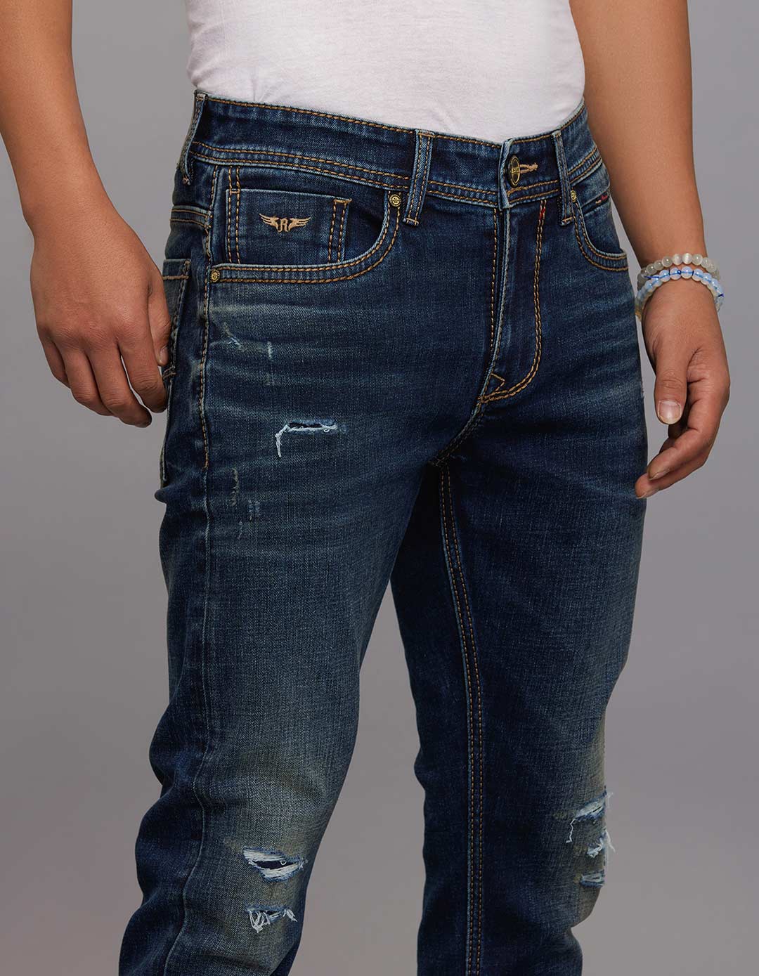 Dark Blue 5 Pocket Low-Rise Tapered Ankle Length Stretch Jeans