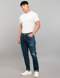 Dark Blue 5 Pocket Low-Rise Tapered Ankle Length Stretch Jeans