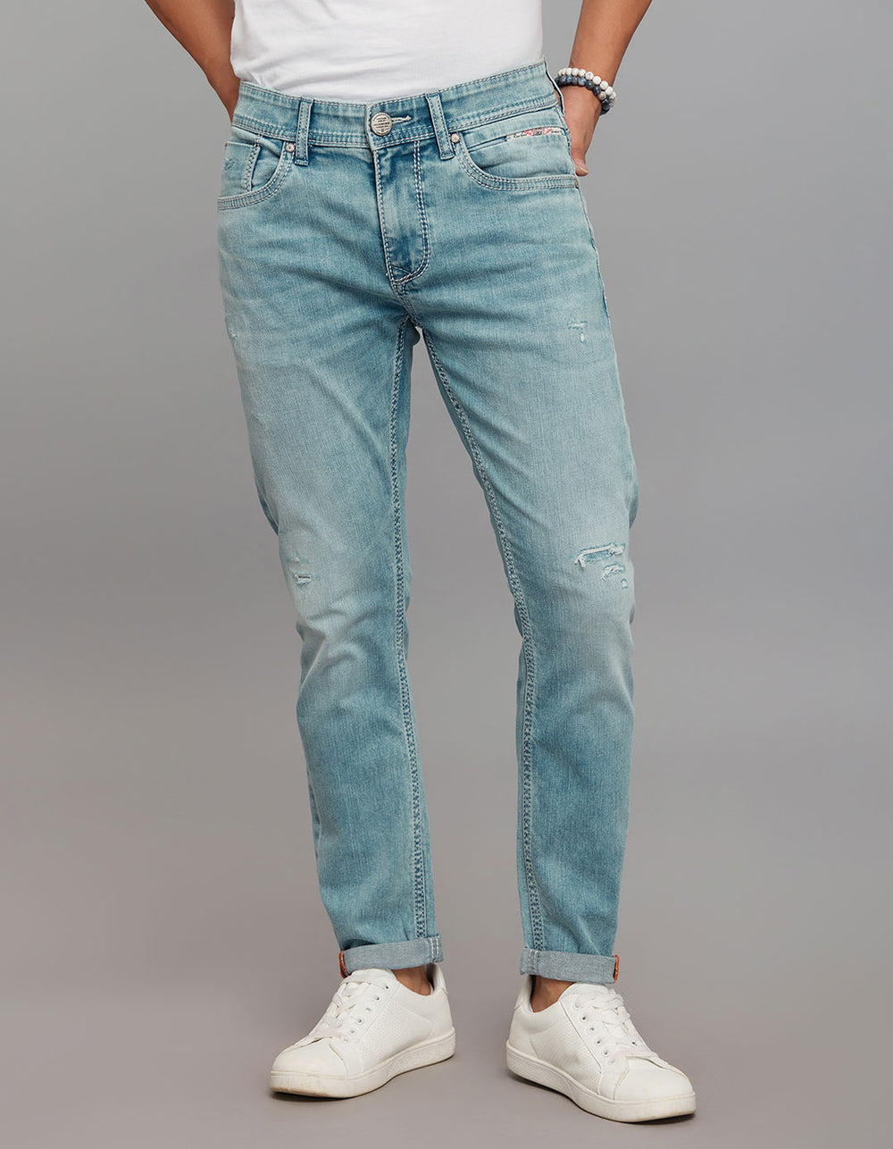 Light Blue 5 Pocket Low-Rise Tapered Ankle Length Stretch Jeans