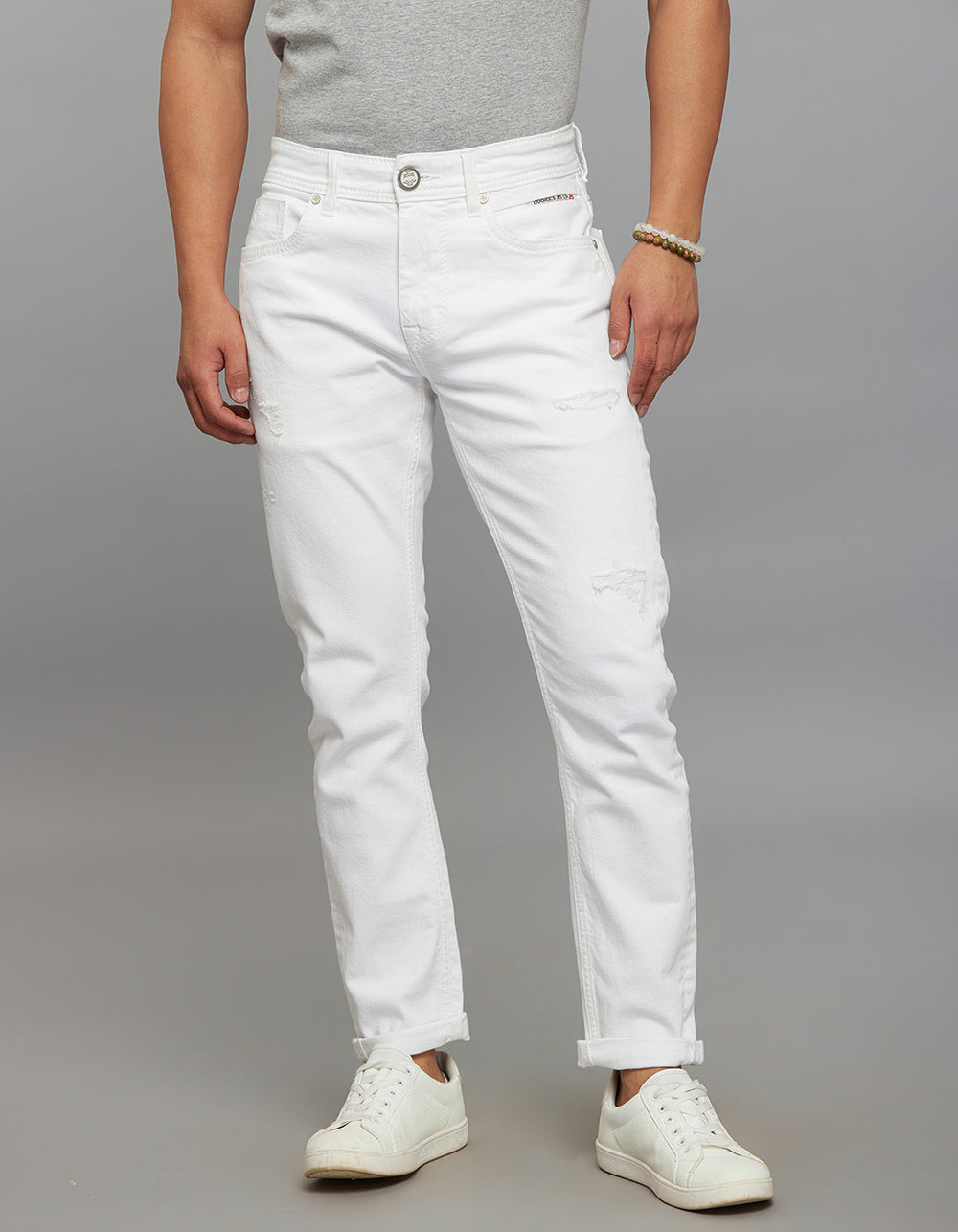 White 5 Pocket Low-Rise Tapered Ankle Length Stretch Jeans