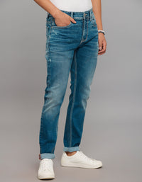 Medium Blue 5 Pocket Low-Rise Tapered Ankle Length Stretch Jeans