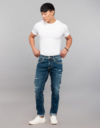 Dark Blue 5 Pocket Low-Rise Tapered Ankle Length Stretch Jeans