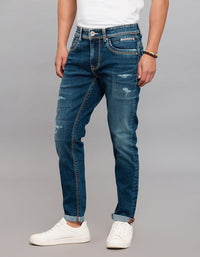 Dark Blue 5 Pocket Low-Rise Tapered Ankle Length Stretch Jeans