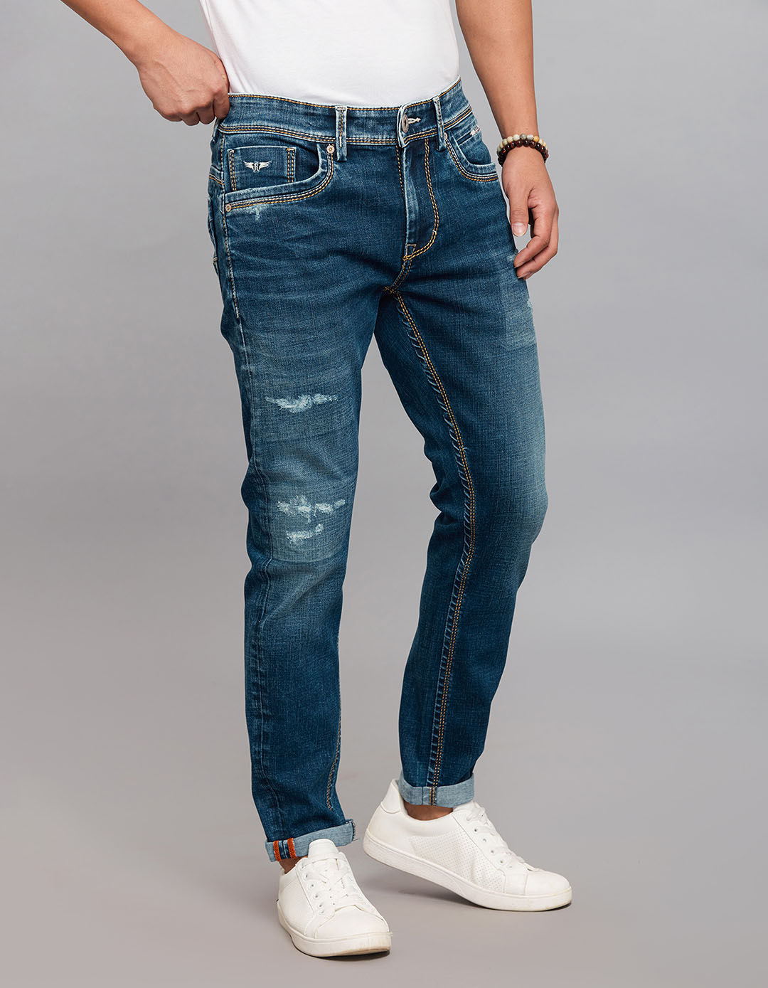 Dark Blue 5 Pocket Low-Rise Tapered Ankle Length Stretch Jeans