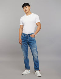 Medium Blue 5 Pocket Low-Rise Tapered Ankle Length Stretch Jeans