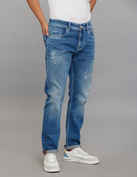Medium Blue 5 Pocket Low-Rise Tapered Ankle Length Stretch Jeans