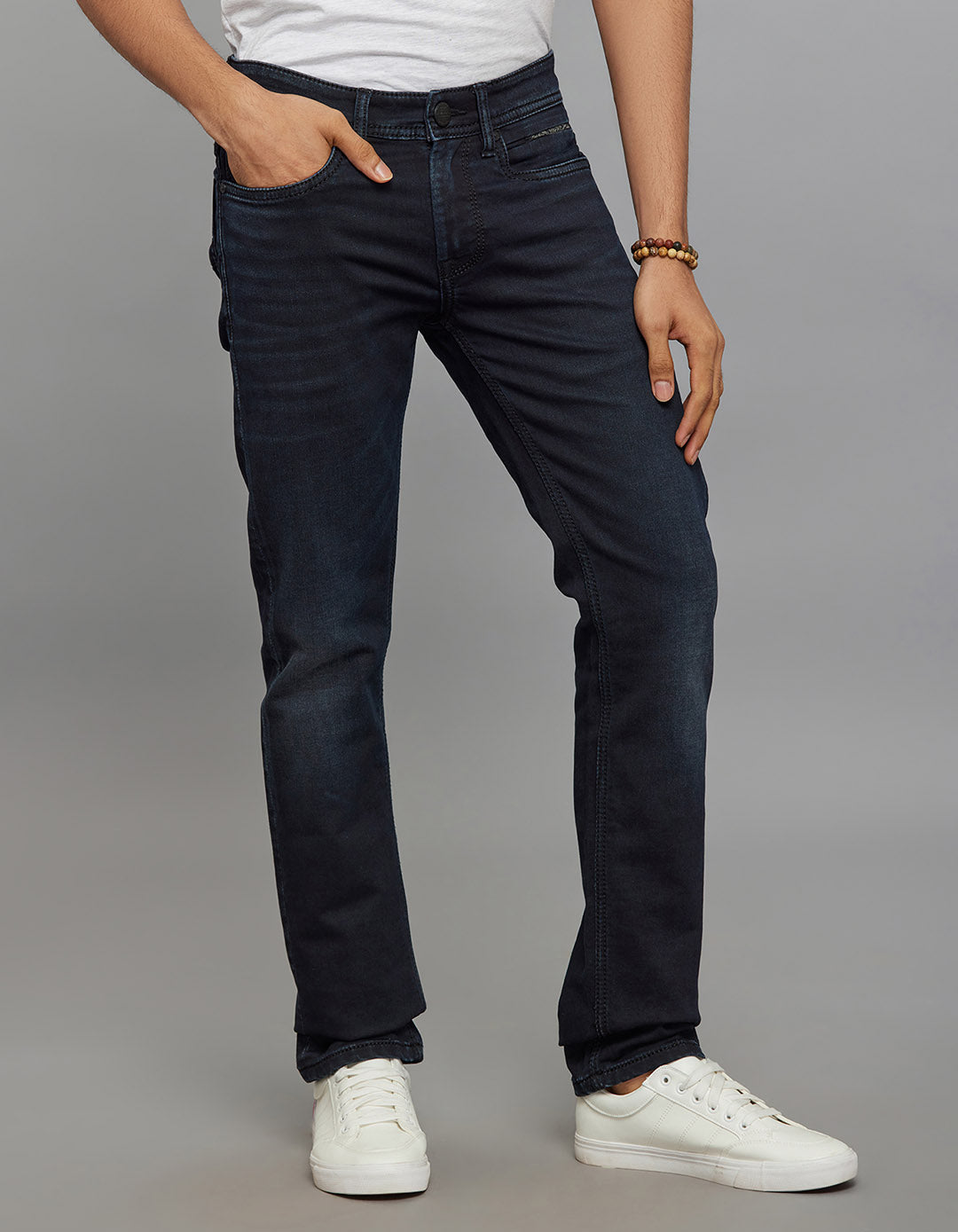 Dark Blue 5 Pocket Mid-Rise Slim Straight Fit Knit Stretch Jeans