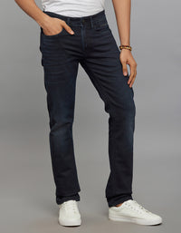 Dark Blue 5 Pocket Mid-Rise Slim Straight Fit Knit Stretch Jeans