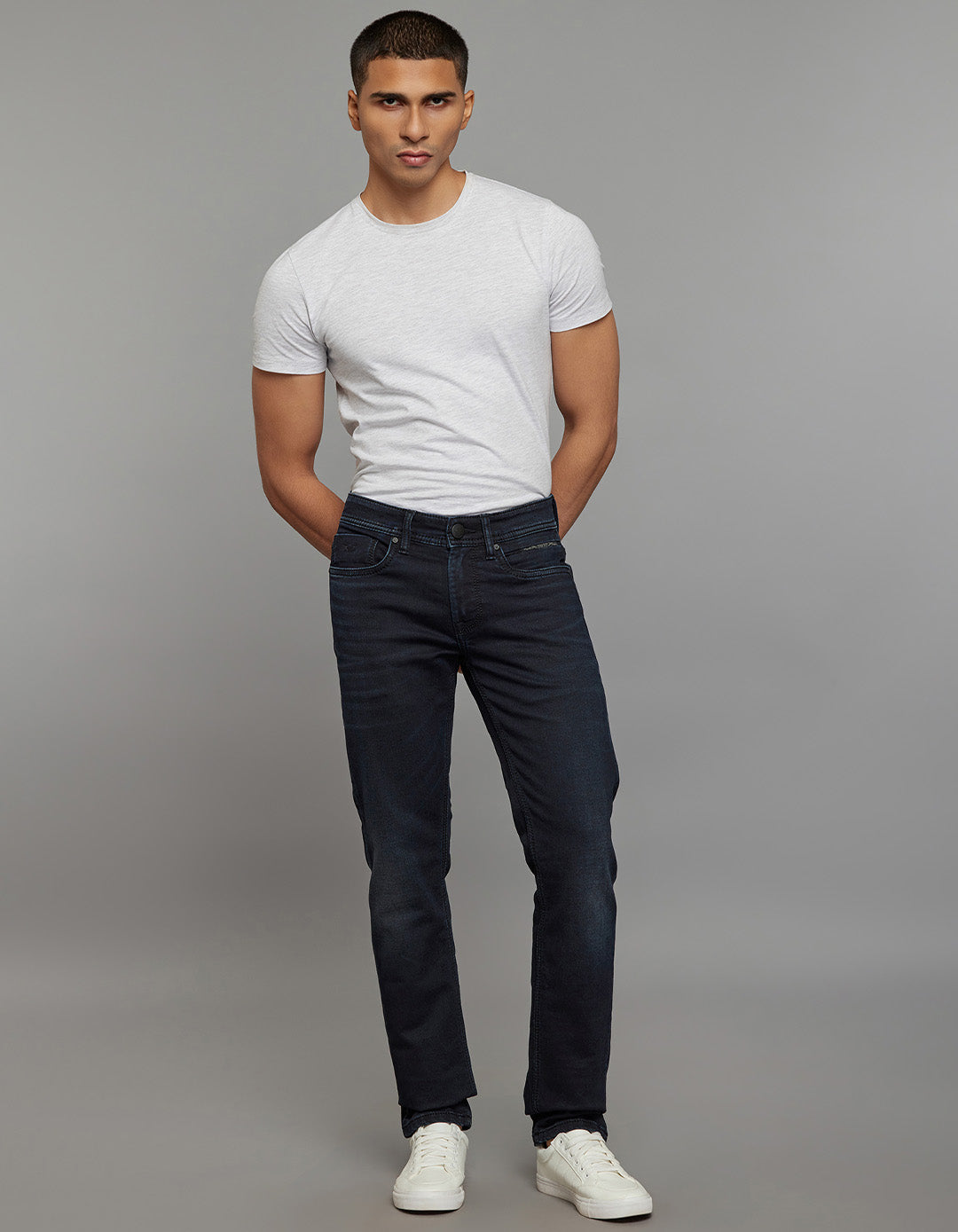 Dark Blue 5 Pocket Mid-Rise Slim Straight Fit Knit Stretch Jeans