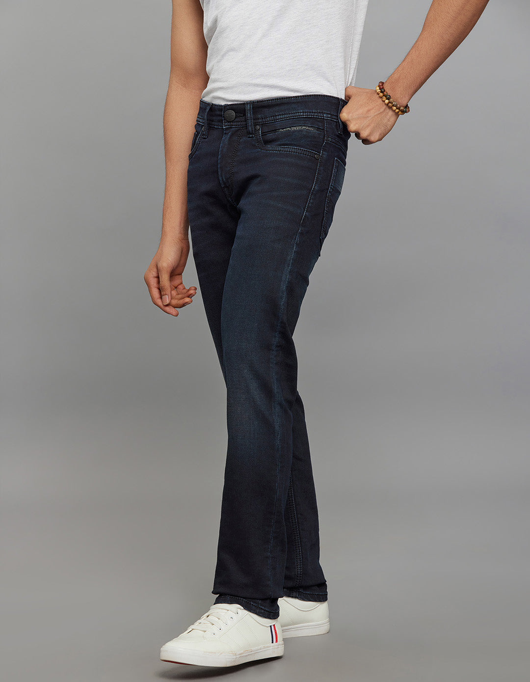 Dark Blue 5 Pocket Mid-Rise Slim Straight Fit Knit Stretch Jeans