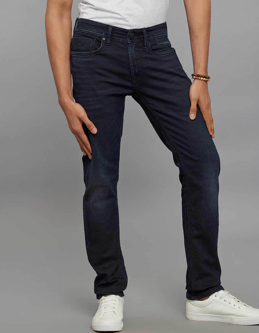 Dark Blue 5 Pocket Mid-Rise Slim Straight Fit Knit Stretch Jeans