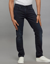Dark Blue 5 Pocket Mid-Rise Slim Straight Fit Knit Stretch Jeans
