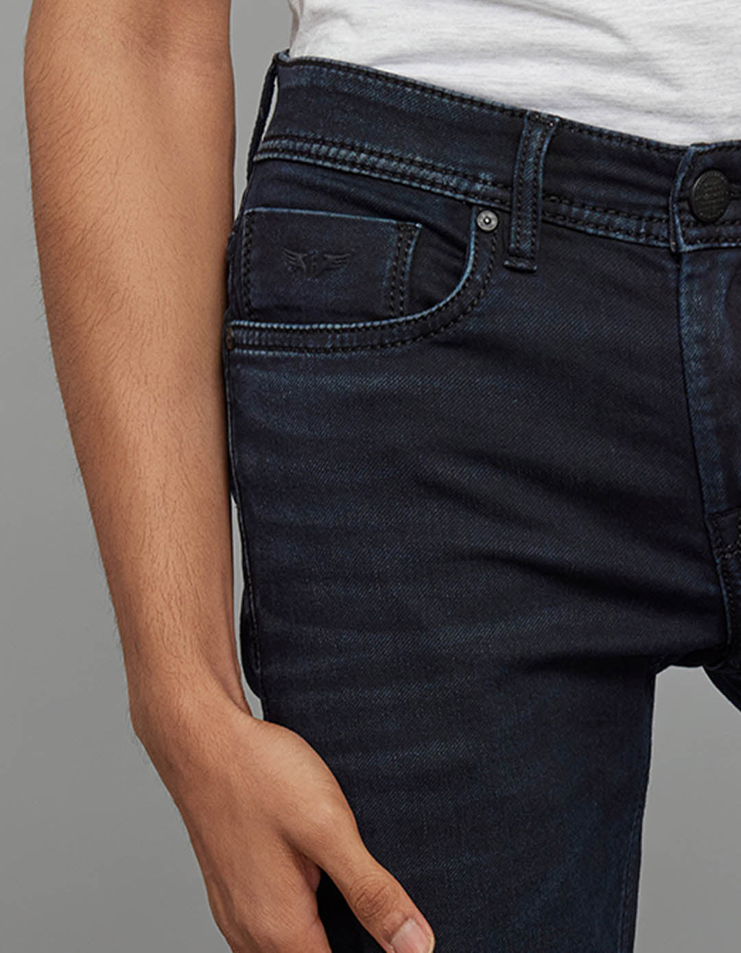 Dark Blue 5 Pocket Mid-Rise Slim Straight Fit Knit Stretch Jeans