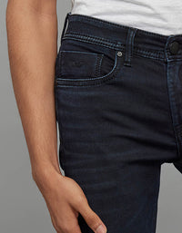 Dark Blue 5 Pocket Mid-Rise Slim Straight Fit Knit Stretch Jeans