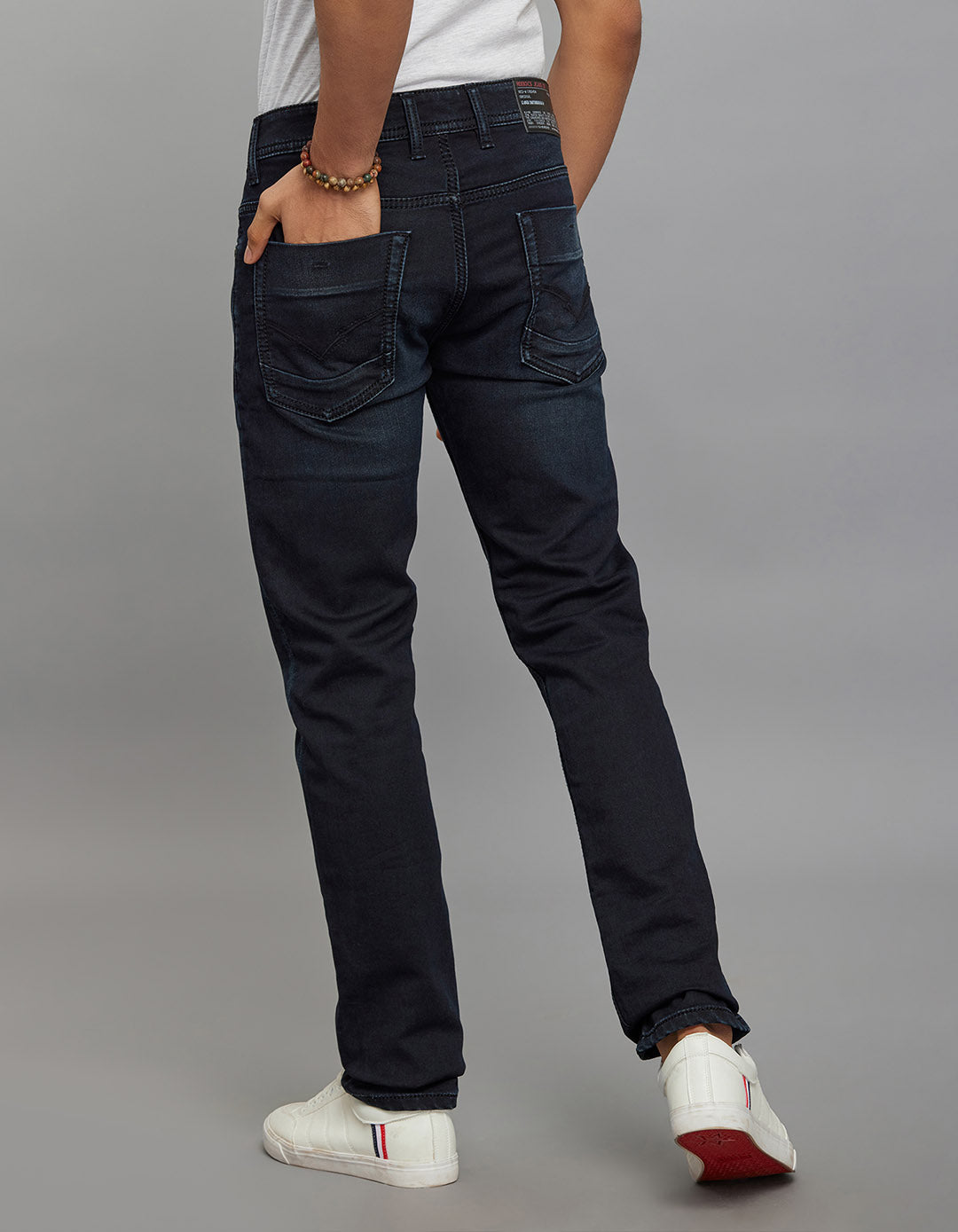 Dark Blue 5 Pocket Mid-Rise Slim Straight Fit Knit Stretch Jeans