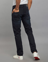 Dark Blue 5 Pocket Mid-Rise Slim Straight Fit Knit Stretch Jeans