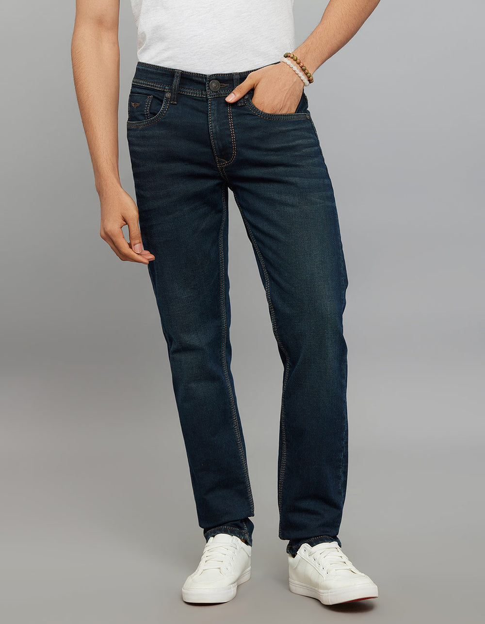 Dark Blue 5 Pocket Mid-Rise Slim Straight Fit Knit Jeans