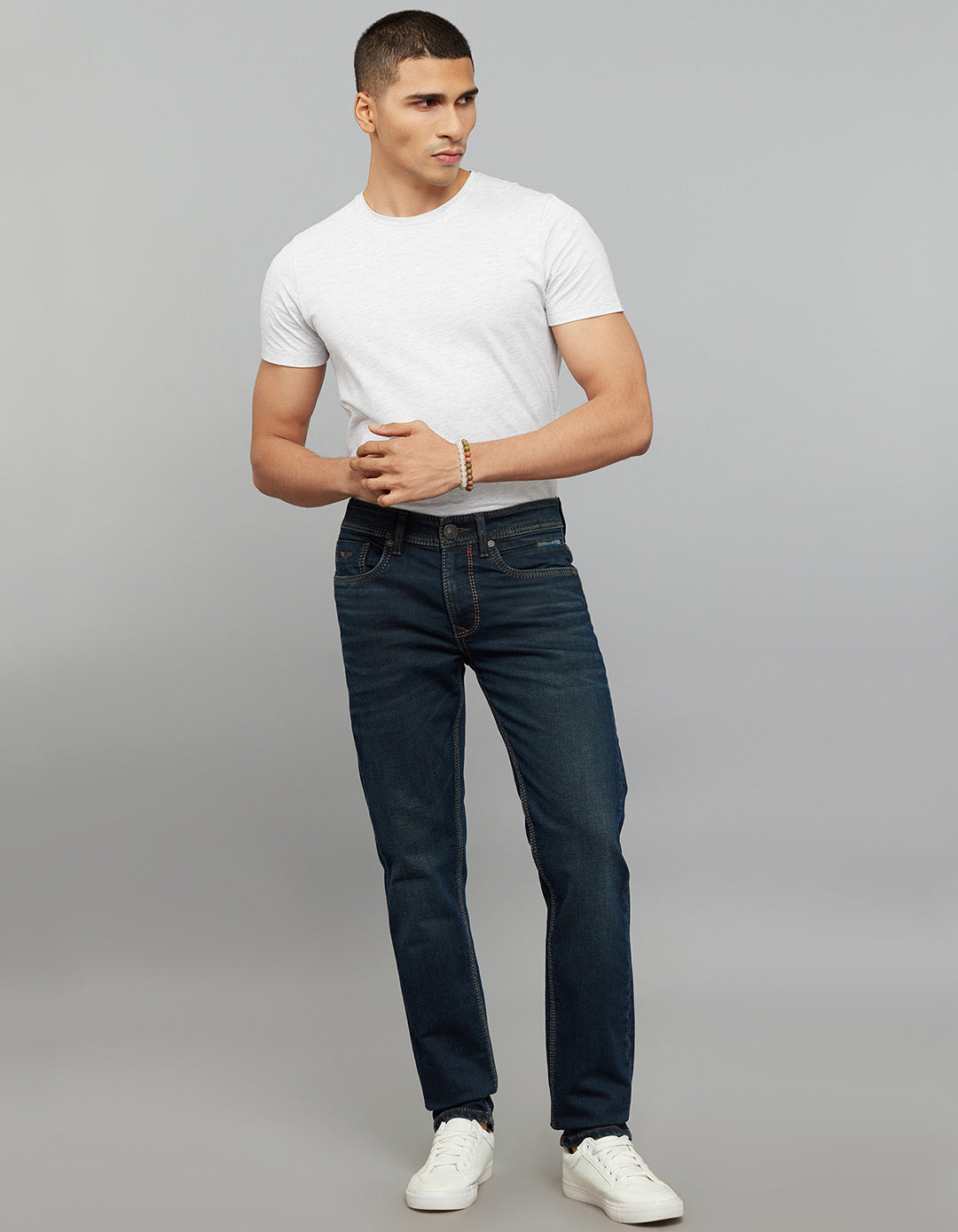 Dark Blue 5 Pocket Mid-Rise Slim Straight Fit Knit Jeans