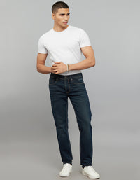 Dark Blue 5 Pocket Mid-Rise Slim Straight Fit Knit Jeans