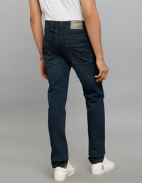 Dark Blue 5 Pocket Mid-Rise Slim Straight Fit Knit Jeans