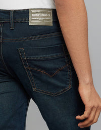 Dark Blue 5 Pocket Mid-Rise Slim Straight Fit Knit Jeans
