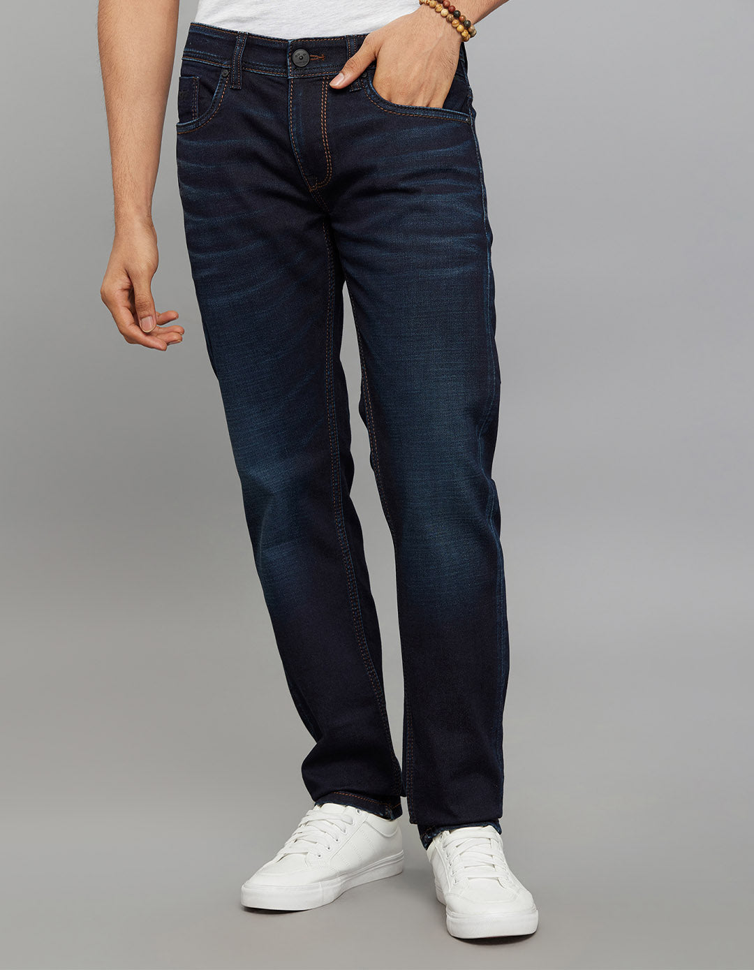 Dark Blue 5 Pocket Mid-Rise Slim Straight Fit Knit Stretch Jeans