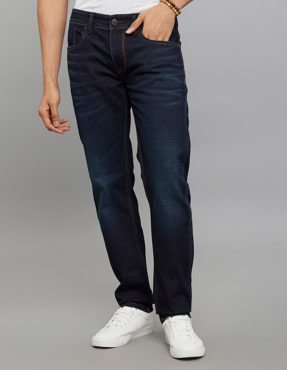 Dark Blue 5 Pocket Mid-Rise Slim Straight Fit Knit Stretch Jeans