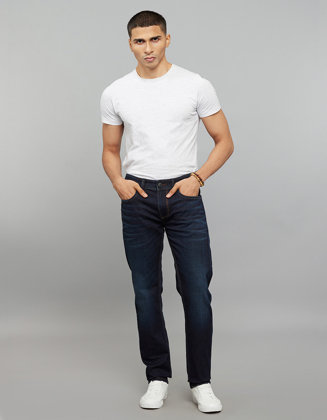 Dark Blue 5 Pocket Mid-Rise Slim Straight Fit Knit Stretch Jeans
