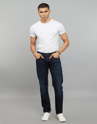 Dark Blue 5 Pocket Mid-Rise Slim Straight Fit Knit Stretch Jeans