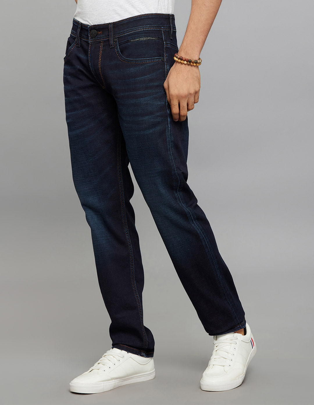 Dark Blue 5 Pocket Mid-Rise Slim Straight Fit Knit Stretch Jeans