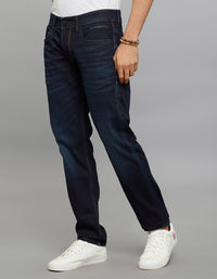 Dark Blue 5 Pocket Mid-Rise Slim Straight Fit Knit Stretch Jeans