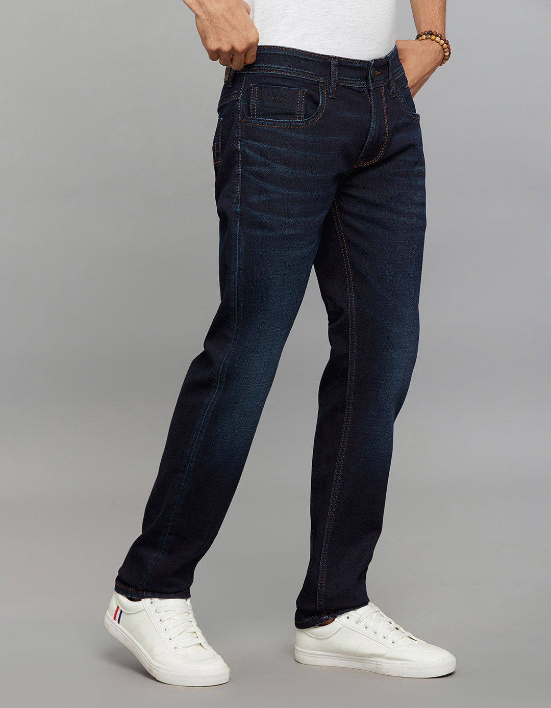 Dark Blue 5 Pocket Mid-Rise Slim Straight Fit Knit Stretch Jeans