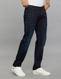 Dark Blue 5 Pocket Mid-Rise Slim Straight Fit Knit Stretch Jeans