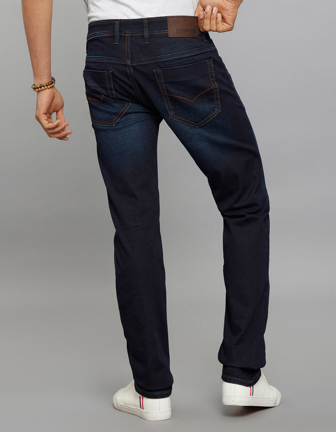 Dark Blue 5 Pocket Mid-Rise Slim Straight Fit Knit Stretch Jeans