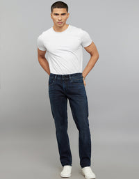 Dark Blue 5 Pocket Mid-Rise Slim Straight Fit Stretch Jeans