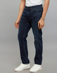 Dark Blue 5 Pocket Mid-Rise Slim Straight Fit Stretch Jeans