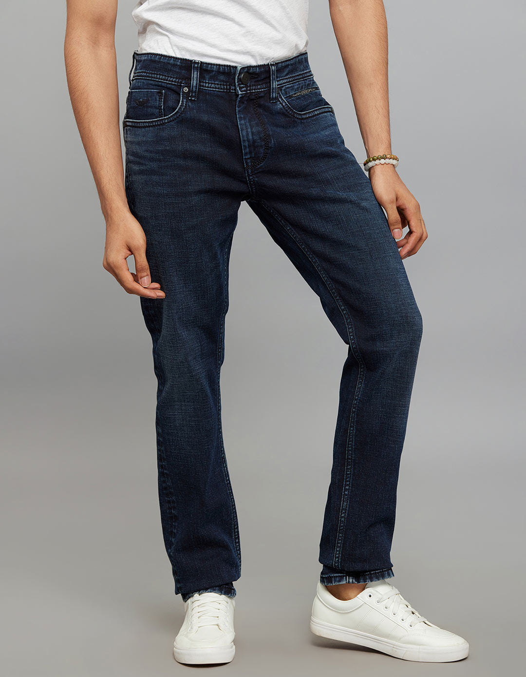 Dark Blue 5 Pocket Mid-Rise Slim Straight Fit Stretch Jeans