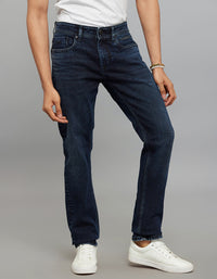 Dark Blue 5 Pocket Mid-Rise Slim Straight Fit Stretch Jeans