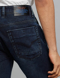 Dark Blue 5 Pocket Mid-Rise Slim Straight Fit Stretch Jeans