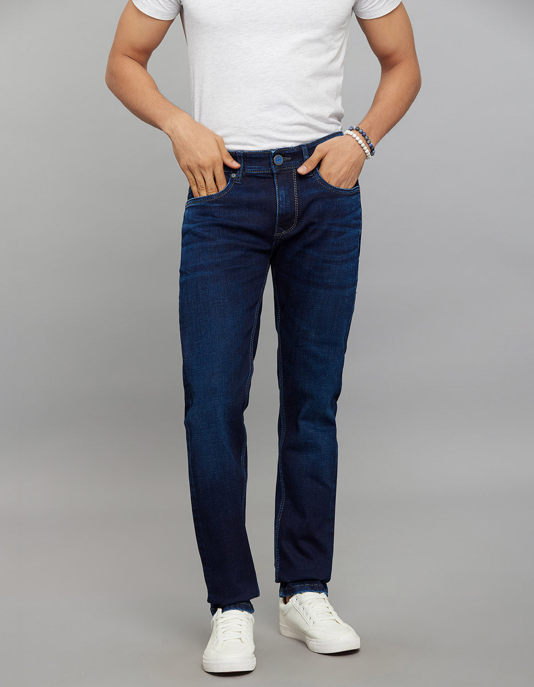 Dark Blue 5 Pocket Mid-Rise Slim Straight Fit Stretch Jeans