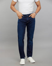 Dark Blue 5 Pocket Mid-Rise Slim Straight Fit Stretch Jeans