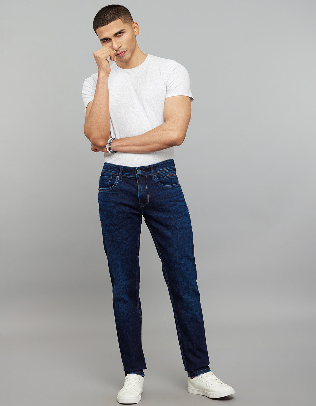 Dark Blue 5 Pocket Mid-Rise Slim Straight Fit Stretch Jeans