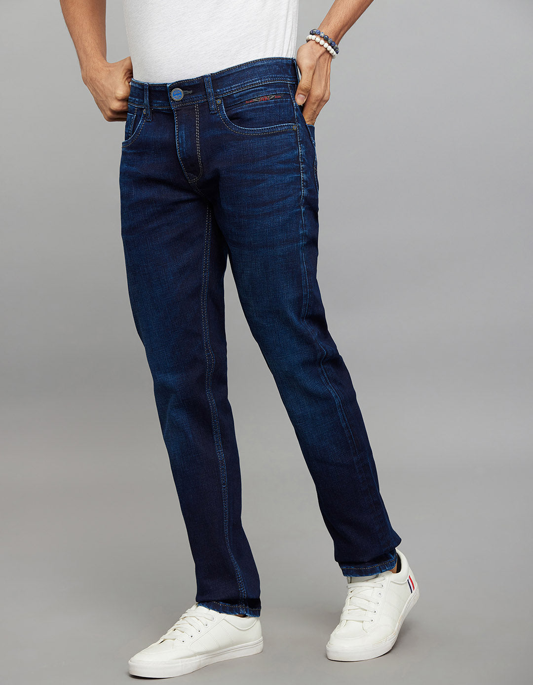Dark Blue 5 Pocket Mid-Rise Slim Straight Fit Stretch Jeans
