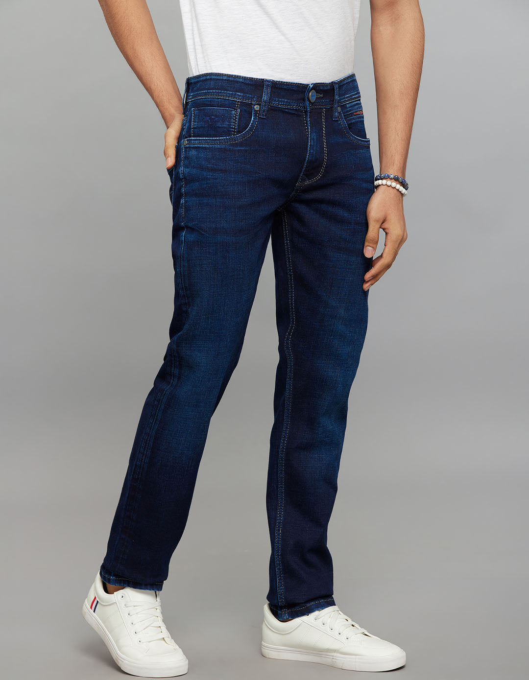 Dark Blue 5 Pocket Mid-Rise Slim Straight Fit Stretch Jeans