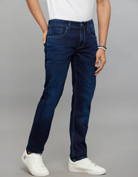 Dark Blue 5 Pocket Mid-Rise Slim Straight Fit Stretch Jeans